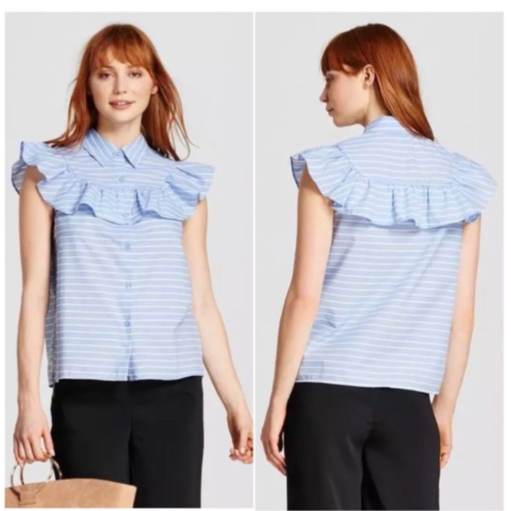 NWT Blue Striped Ruffle Button Down Blouse